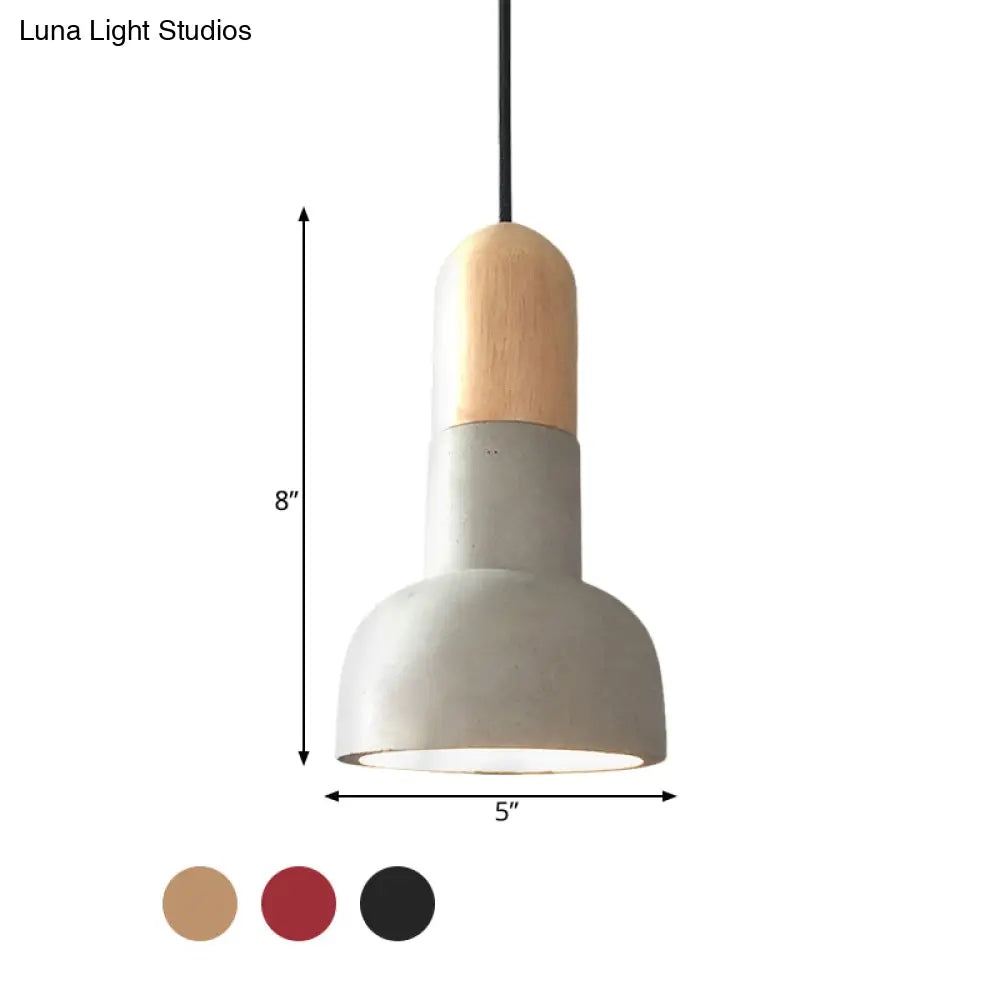 Dome Industrial Cement Pendant Light Fixture - Grey With Red/Black/Wood Accents