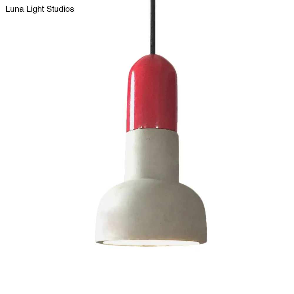 Dome Industrial Cement Pendant Light Fixture - Grey With Red/Black/Wood Accents