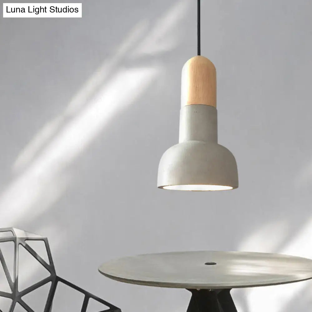 Dome Industrial Cement Pendant Light Fixture - 1 Grey With Red/Black/Wood Accent Ideal For