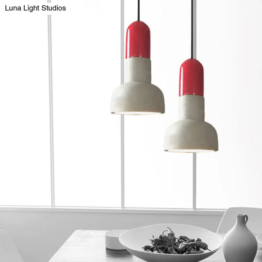 Dome Industrial Cement Pendant Light Fixture - 1 Grey With Red/Black/Wood Accent Ideal For