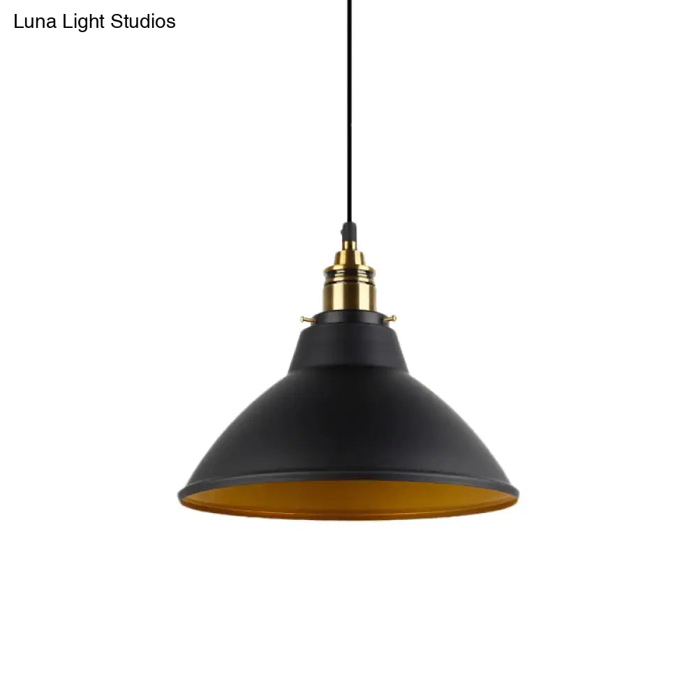 Dome Metal Pendant Light - Industrial Single Bulb Hanging Fixture In Black/White/Gold For Living