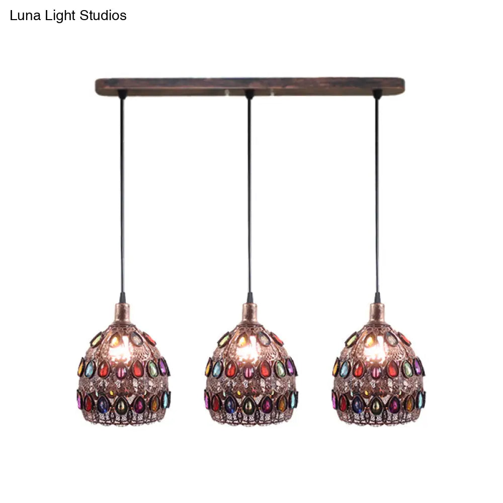 Dome Pendant Ceiling Fixture With Crystal Gem Bohemia Hanging Light In Weathered Copper 1/3-Light