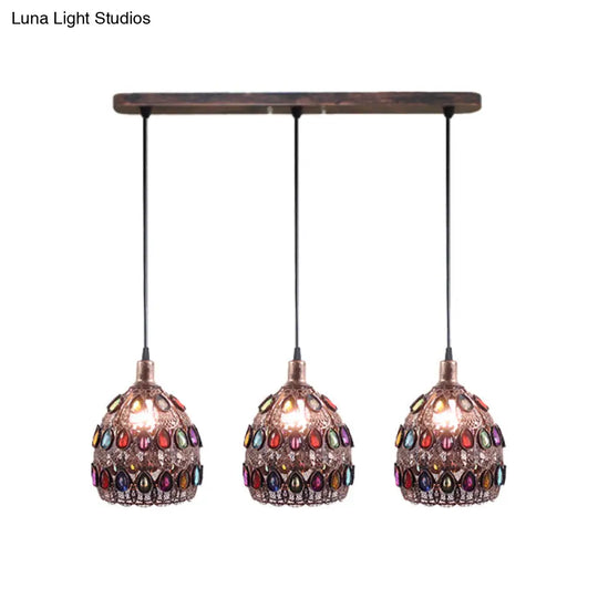 Dome Pendant Ceiling Fixture With Crystal Gem Bohemia Hanging Light In Weathered Copper 1/3-Light