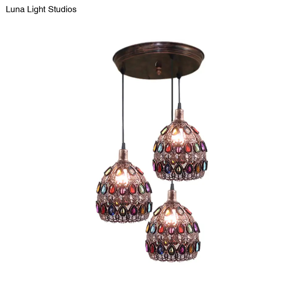 Dome Pendant Ceiling Fixture With Crystal Gem Bohemia Hanging Light In Weathered Copper 1/3-Light