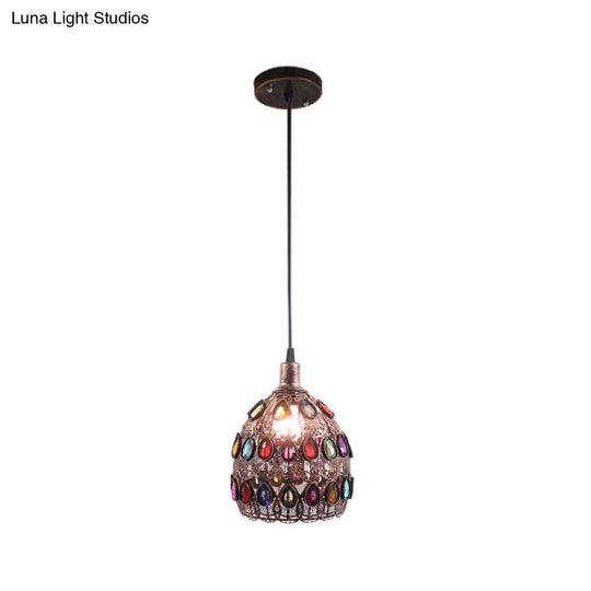 Dome Pendant Ceiling Fixture With Crystal Gem Bohemia Hanging Light In Weathered Copper 1/3-Light