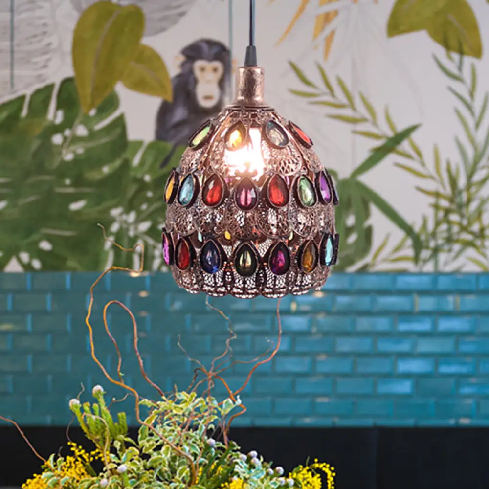 Dome Pendant Ceiling Fixture With Crystal Gem Bohemia Hanging Light In Weathered Copper 1/3-Light