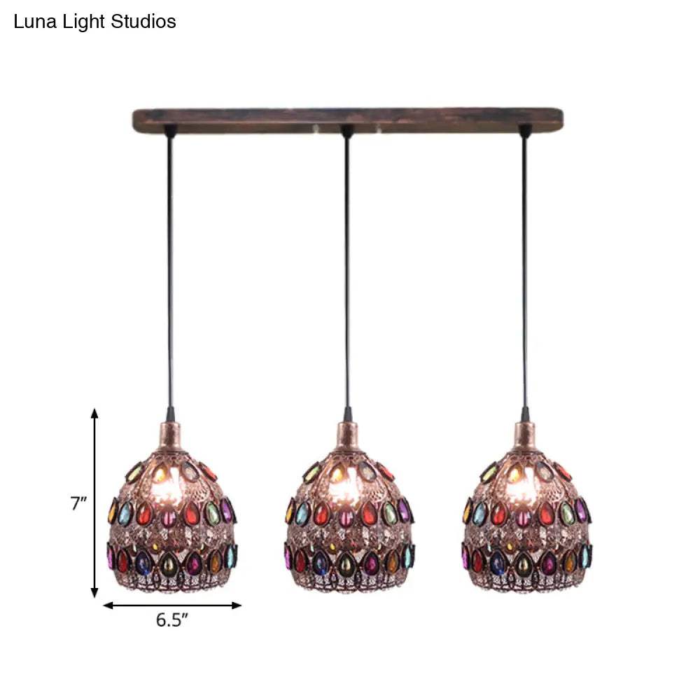 Dome Pendant Ceiling Fixture With Crystal Gem Bohemia Hanging Light In Weathered Copper 1/3-Light