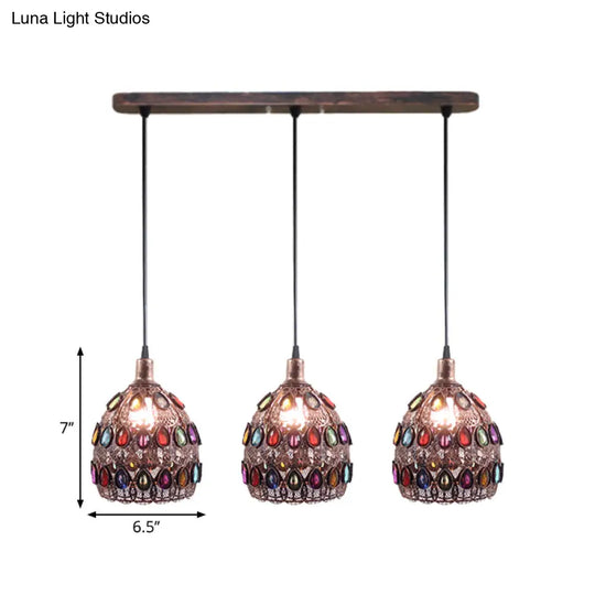 Dome Pendant Ceiling Fixture With Crystal Gem Bohemia Hanging Light In Weathered Copper 1/3-Light