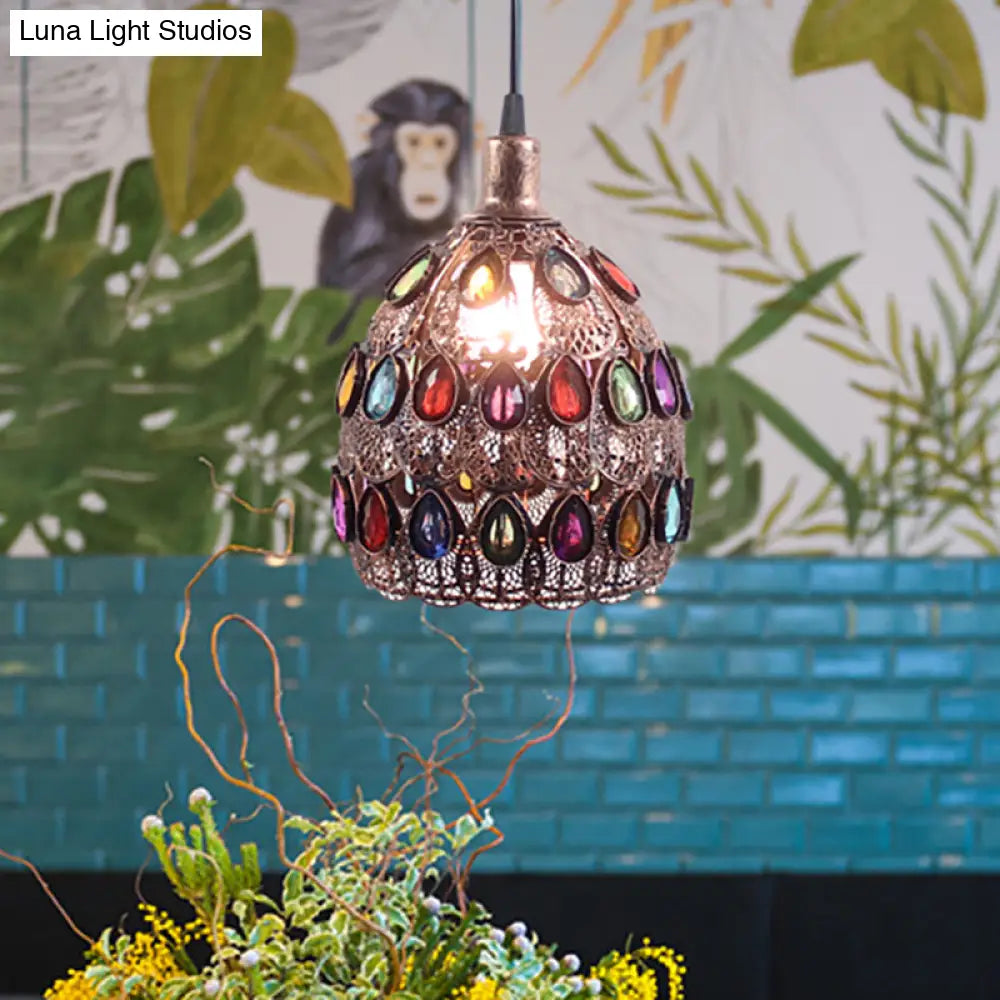 Dome Pendant Ceiling Fixture With Crystal Gem Bohemia Hanging Light In Weathered Copper 1/3-Light