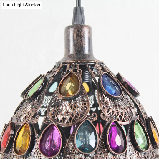 Dome Pendant Ceiling Fixture With Crystal Gem Bohemia Hanging Light In Weathered Copper 1/3-Light