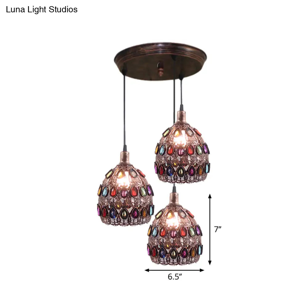 Dome Pendant Ceiling Fixture With Crystal Gem Bohemia Hanging Light In Weathered Copper 1/3-Light