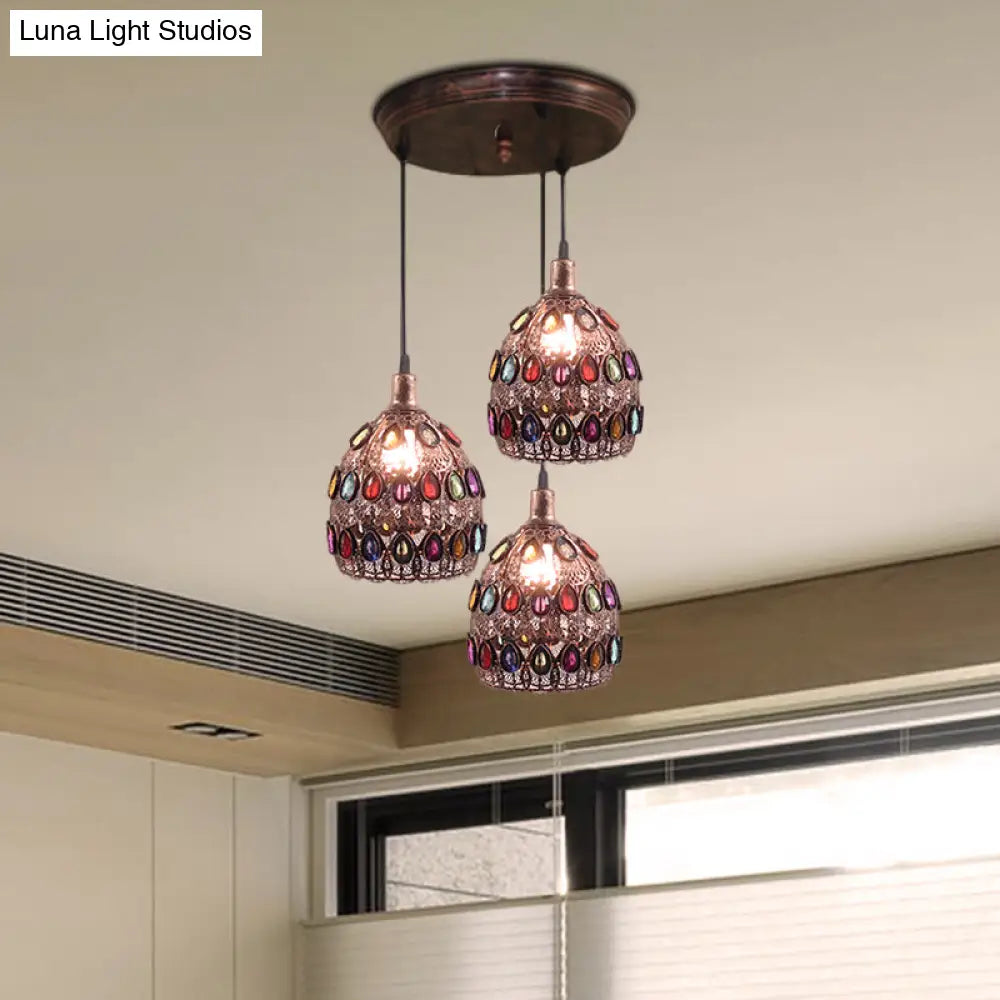 Dome Pendant Ceiling Fixture With Crystal Gem Bohemia Hanging Light In Weathered Copper 1/3-Light