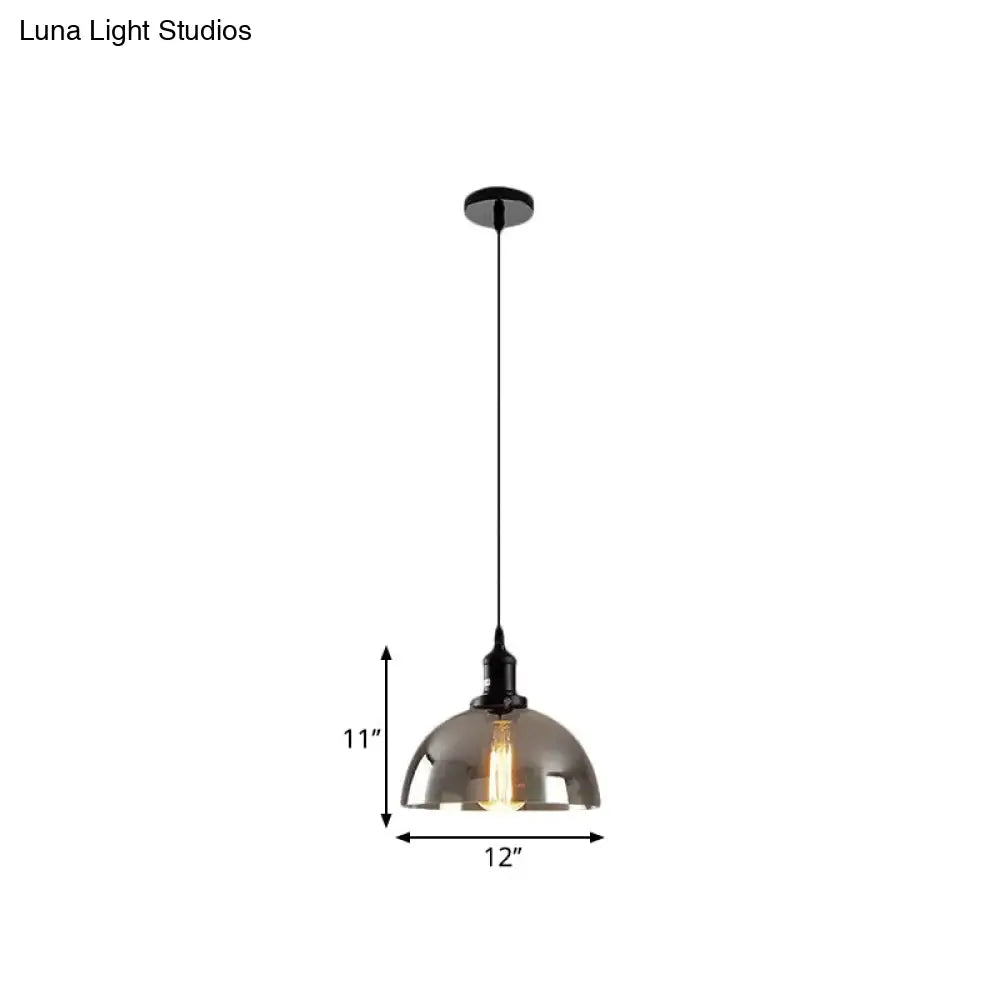Industrial Dome Pendant Lighting - Smoked Glass Hanging Lamp 1-Light 10/12 Width Black