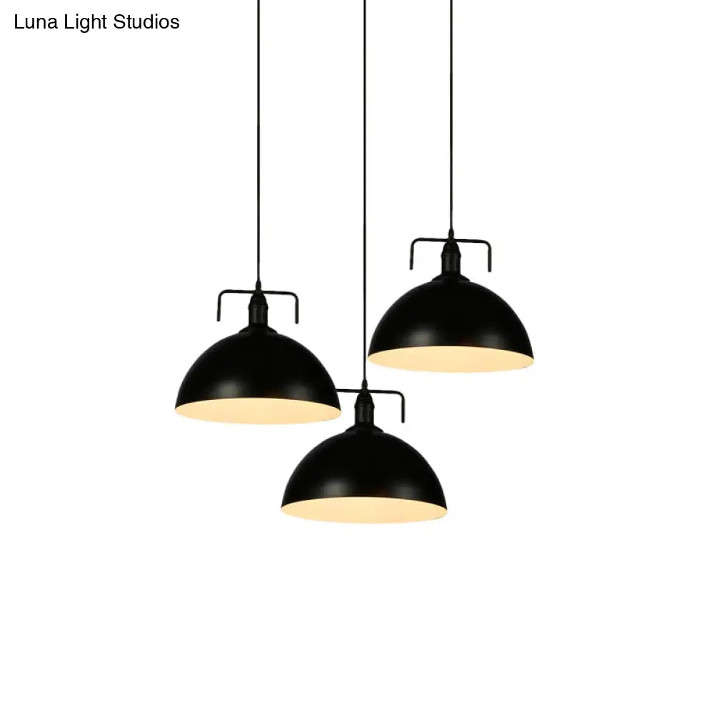 3-Light Dome Pendant Light In Loft-Style Black Metal With Canopy And Handle