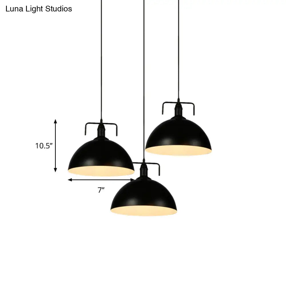 3-Light Dome Pendant Light In Loft-Style Black Metal With Canopy And Handle