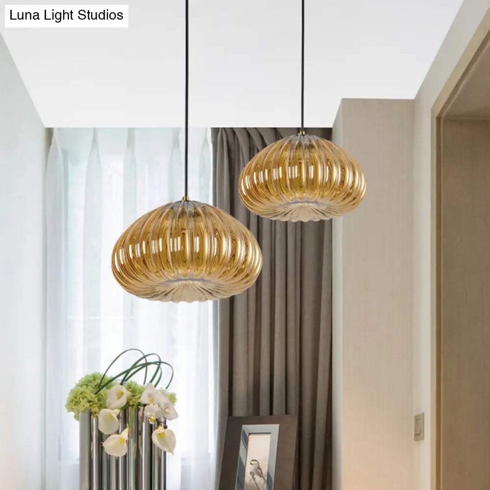 Post-Modern Dome Pendant Lamp With Cognac/Clear Ribbed Glass Shade For Dining Table Suspension
