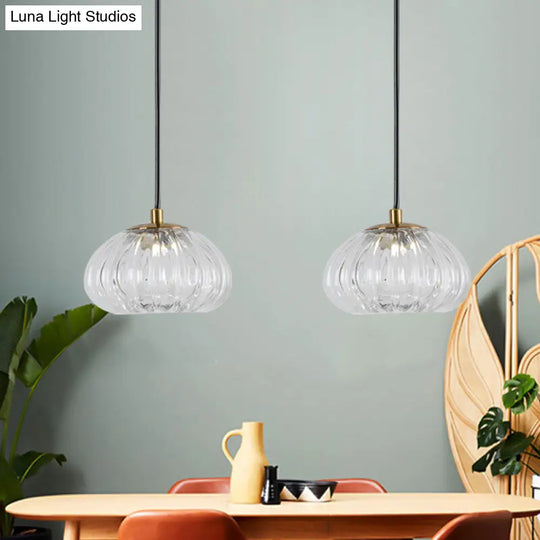 Post-Modern Dome Pendant Lamp With Cognac/Clear Ribbed Glass Shade For Dining Table Suspension