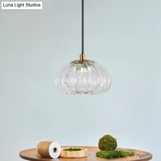 Post-Modern Dome Pendant Lamp With Cognac/Clear Ribbed Glass Shade For Dining Table Suspension Clear