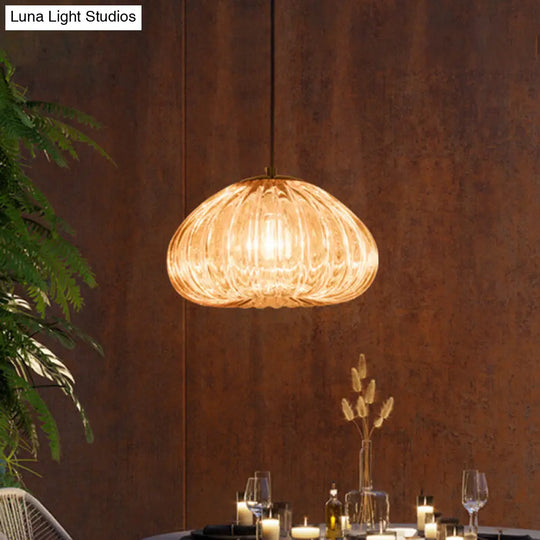 Post-Modern Dome Pendant Lamp With Cognac/Clear Ribbed Glass Shade For Dining Table Suspension