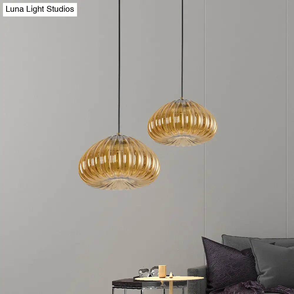 Post-Modern Dome Pendant Lamp With Cognac/Clear Ribbed Glass Shade For Dining Table Suspension