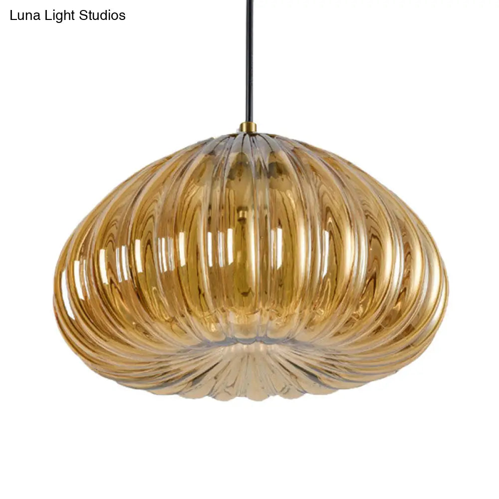 Post-Modern Dome Pendant Lamp With Cognac/Clear Ribbed Glass Shade For Dining Table Suspension