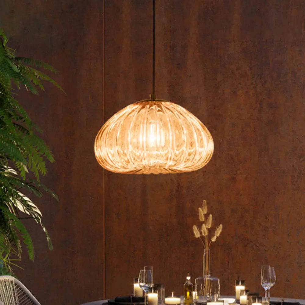 Dome Pendant Light With Clear Ribbed Glass For Modern Dining Tables Cognac
