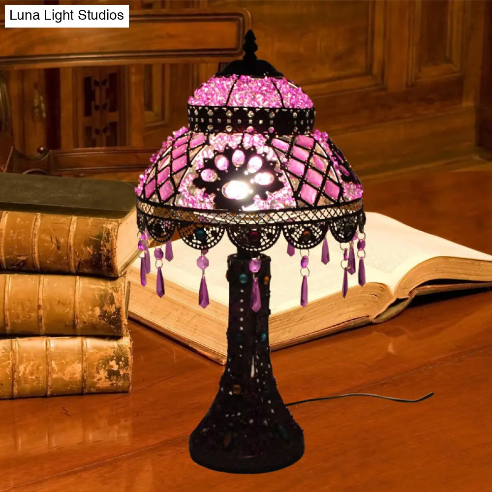 Dome Purple Metal Nightstand Lamp With Crystal Decoration & 1 Light - Bedroom Night Table Lighting