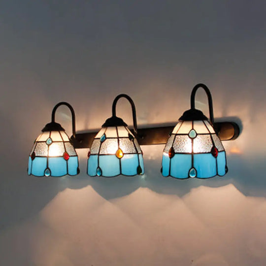 Dome Sconce Tiffany Beige/Blue/Clear Glass Wall Mount Light Fixture With Agate Decoration - 3 Heads