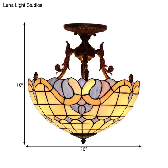 Dome Semi-Mount Tiffany Beige/Light Blue Glass Ceiling Light Fixture - Bronze 3-Light Living Room