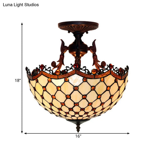 Dome Semi-Mount Tiffany Beige/Light Blue Glass Ceiling Light Fixture - Bronze 3-Light Living Room