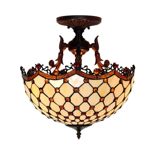 Dome Semi-Mount Tiffany Beige/Light Blue Glass Ceiling Light Fixture - Bronze 3-Light Living Room