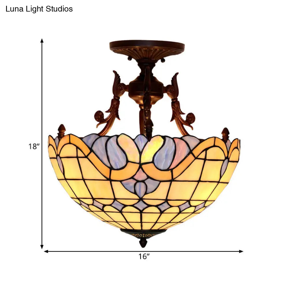 Dome Semi-Mount Tiffany Beige/Light Blue Glass Ceiling Light Fixture - Bronze 3-Light Living Room