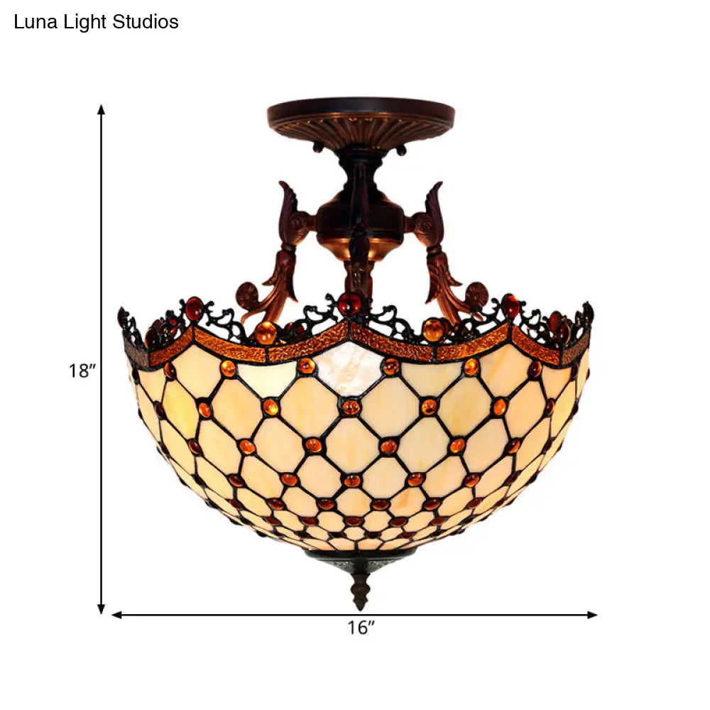 Dome Semi-Mount Tiffany Beige/Light Blue Glass Ceiling Light Fixture - Bronze 3-Light Living Room