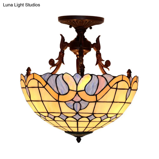 Dome Semi-Mount Tiffany Beige/Light Blue Glass Ceiling Light Fixture - Bronze 3-Light Living Room