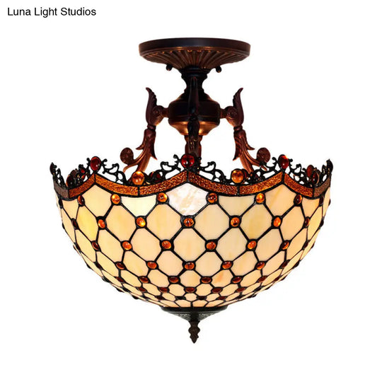 Dome Semi-Mount Tiffany Beige/Light Blue Glass Ceiling Light Fixture - Bronze 3-Light Living Room