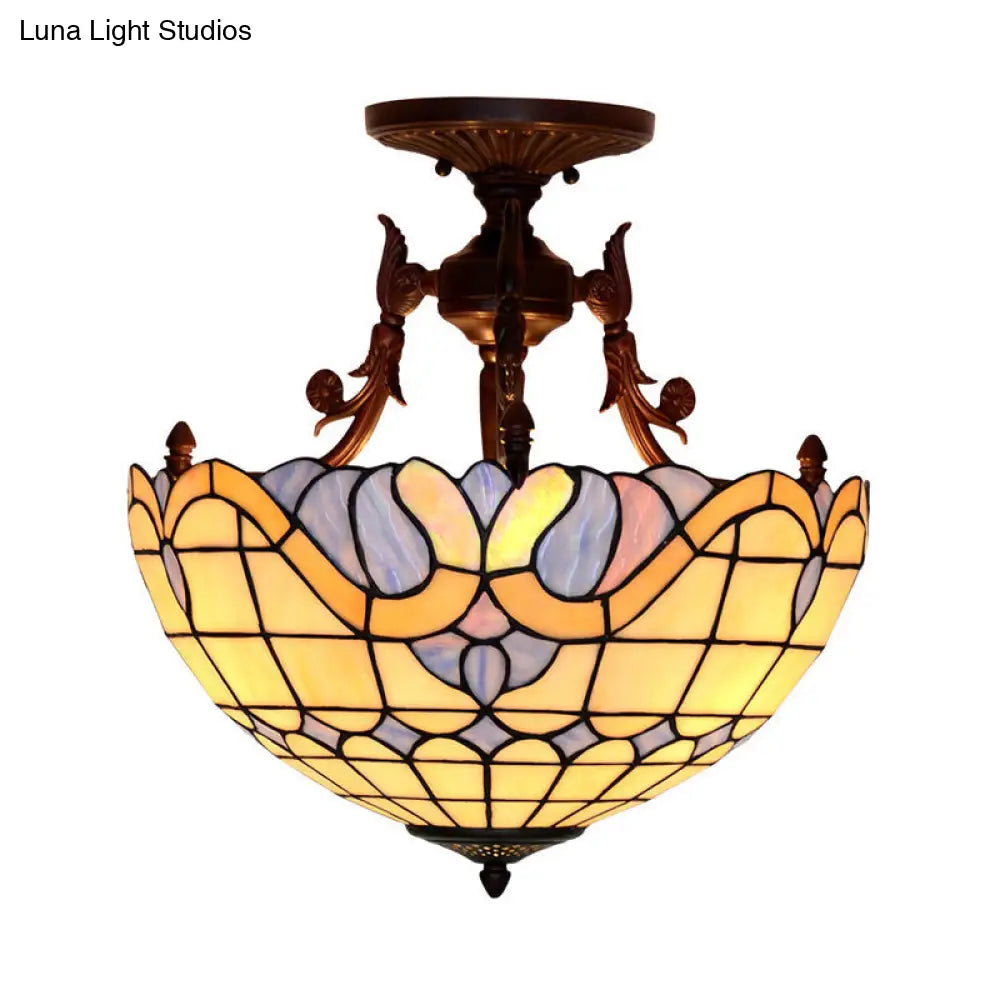 Dome Semi-Mount Tiffany Beige/Light Blue Glass Ceiling Light Fixture - Bronze 3-Light Living Room