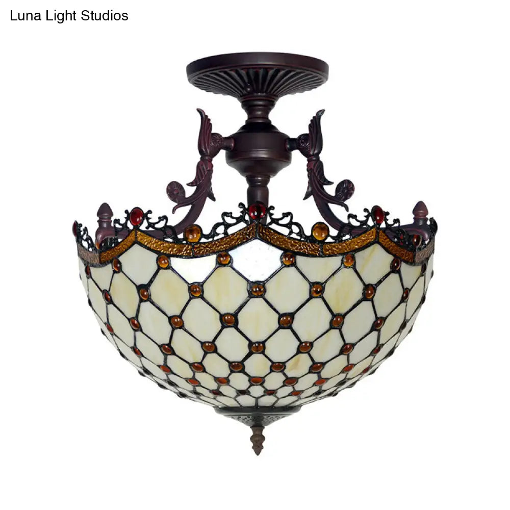 Dome Semi-Mount Tiffany Beige/Light Blue Glass Ceiling Light Fixture - Bronze 3-Light Living Room