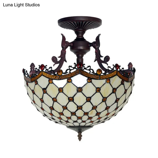 Dome Semi-Mount Tiffany Beige/Light Blue Glass Ceiling Light Fixture - Bronze 3-Light Living Room