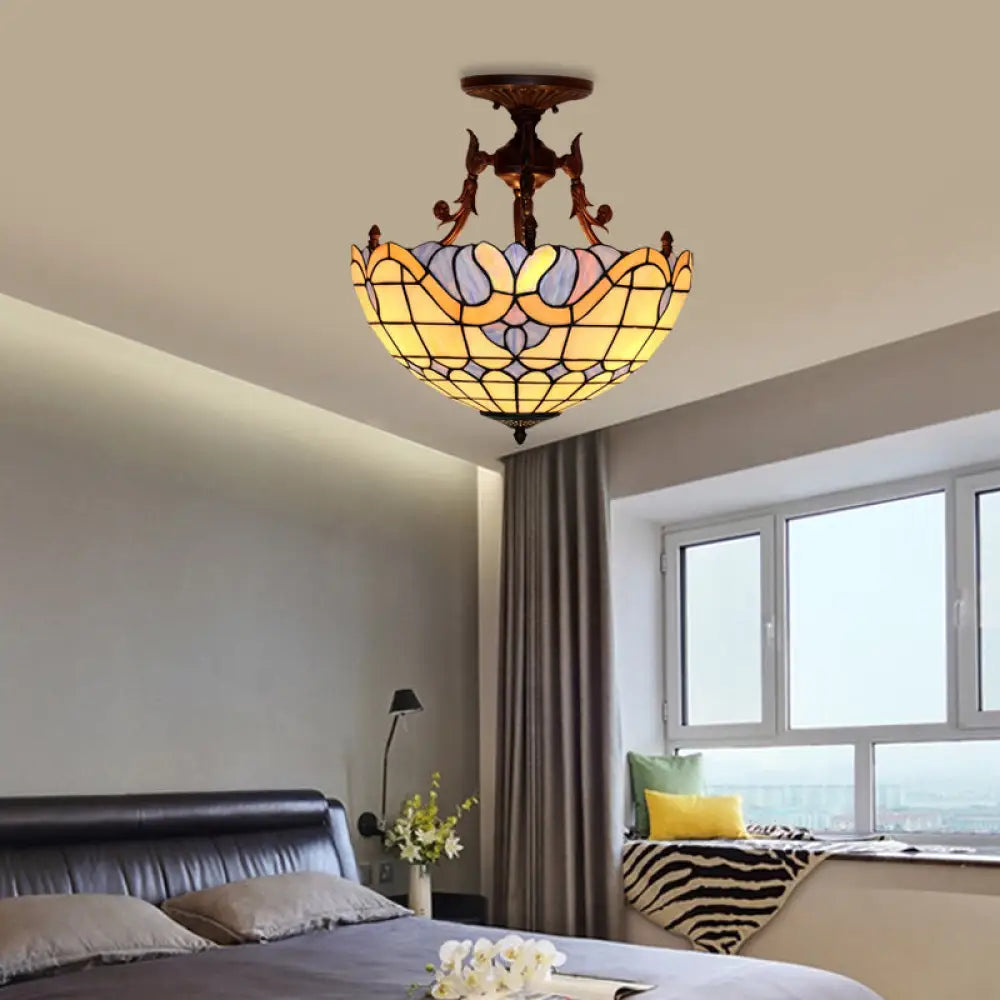 Dome Semi-Mount Tiffany Beige/Light Blue Glass Ceiling Light Fixture - Bronze 3-Light Living Room