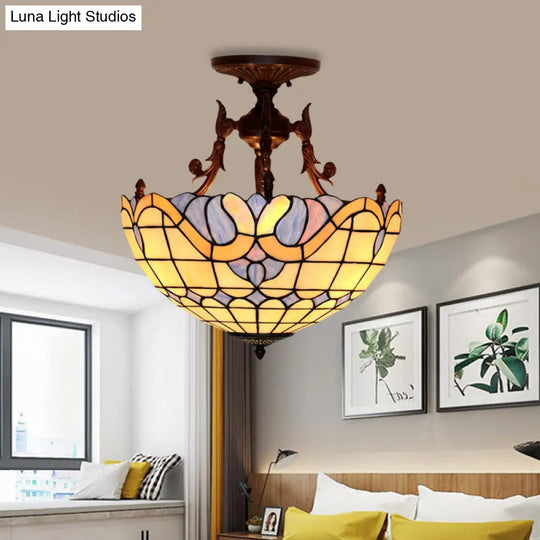 Dome Semi-Mount Tiffany Beige/Light Blue Glass Ceiling Light Fixture - Bronze 3-Light Living Room