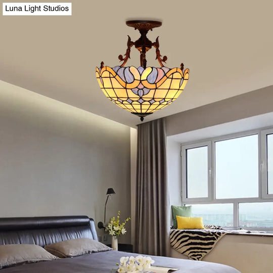 Dome Semi-Mount Tiffany Beige/Light Blue Glass Ceiling Light Fixture - Bronze 3-Light Living Room