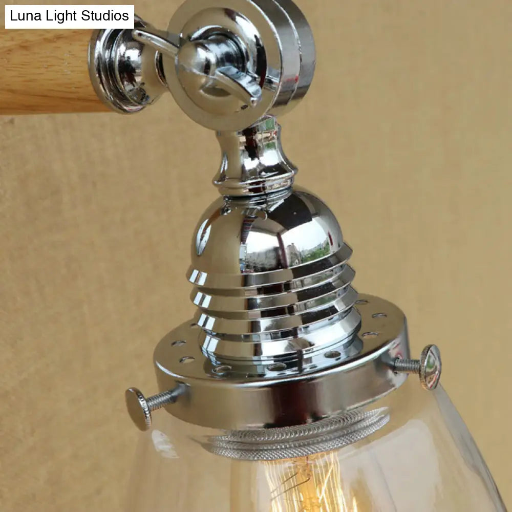 Dome Shade Clear Glass Wall Sconce: Industrial Living Room Light Fixture With Wooden Arm - Single