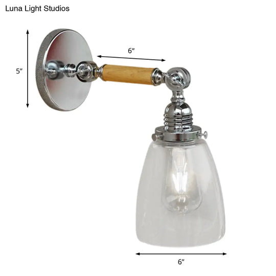 Dome Shade Clear Glass Wall Sconce: Industrial Living Room Light Fixture With Wooden Arm - Single