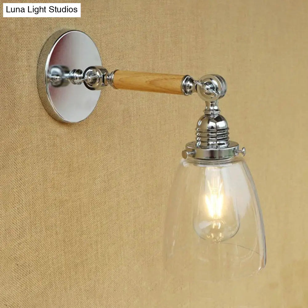 Dome Shade Clear Glass Wall Sconce: Industrial Living Room Light Fixture With Wooden Arm - Single