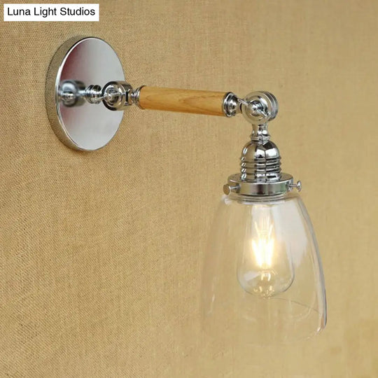 Dome Shade Clear Glass Wall Sconce: Industrial Living Room Light Fixture With Wooden Arm - Single