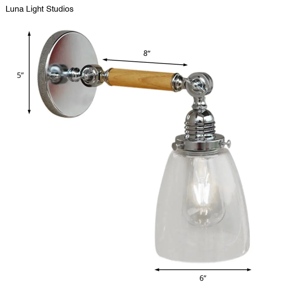 Dome Shade Clear Glass Wall Sconce: Industrial Living Room Light Fixture With Wooden Arm - Single