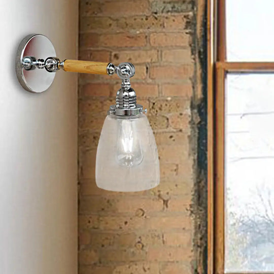 Dome Shade Clear Glass Wall Sconce: Industrial Living Room Light Fixture With Wooden Arm - Single