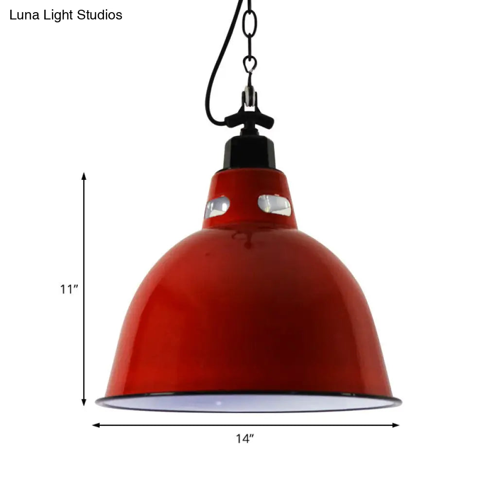 Industrial Metal Pendant Lamp - Dome Shade Red Hanging Light With Wire & Chain 1-Light Design For