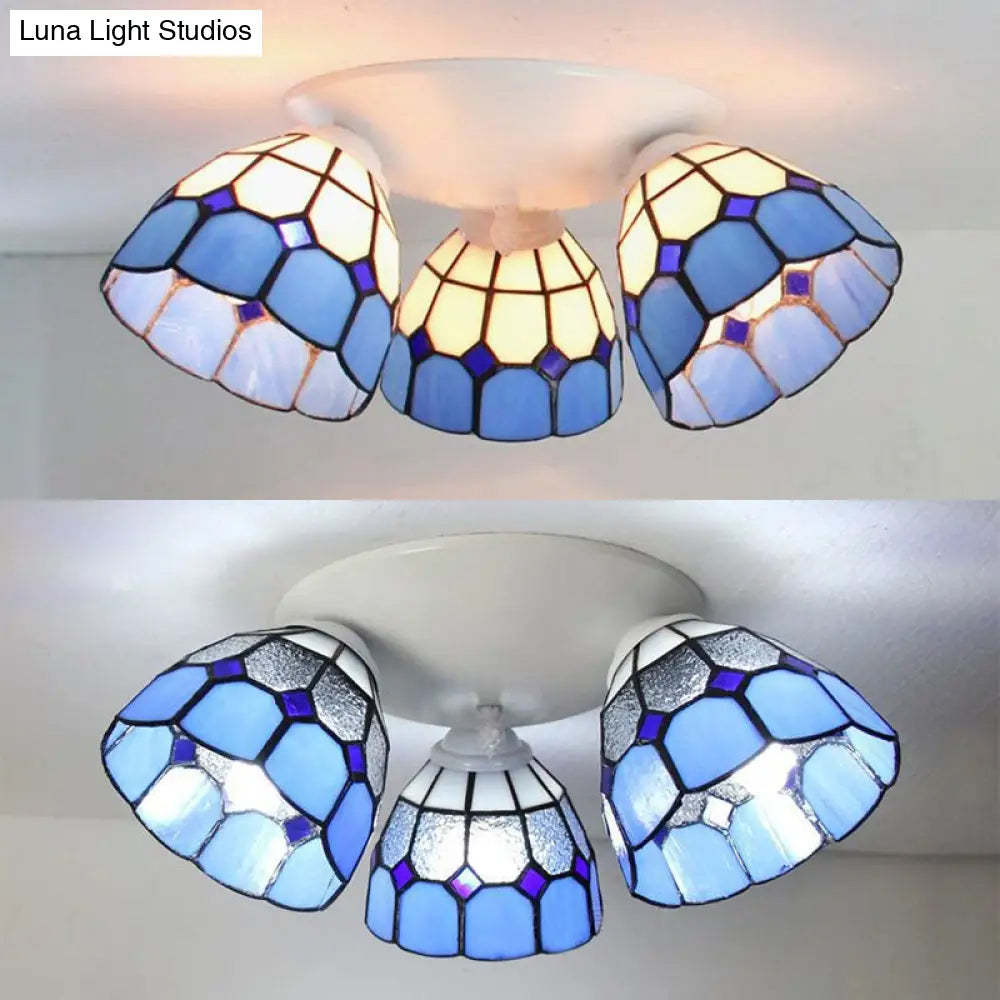 Dome Shade Tiffany Stained Glass Ceiling Light Fixture - 3 Heads White/Clear
