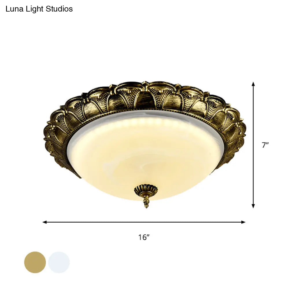 Dome Shape Hallway Flush Mount Lighting In Vintage Frosted Glass White/Brass Led - Warm/White Light